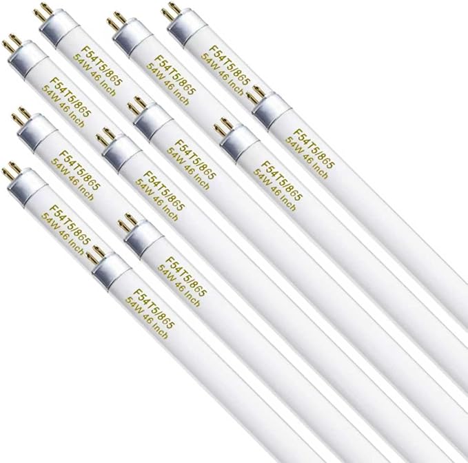 F54T5/865/HO 54 Watt 46 Inch T5 Fluorescent Tube Light Bulb, T5 54W Grow Light, 6500K Daylight, 5000 Lumens, High Output, G5 Bi-Pin Base, 12 Pack