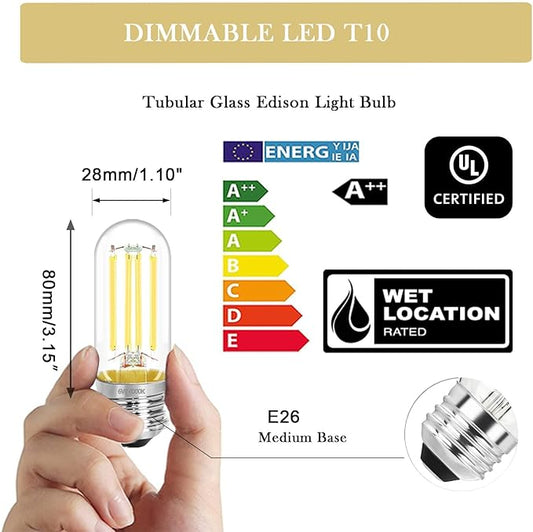 3.2 Inch E26 LED Bulb 60 Watt Equivalent, 4000K Neutral White Edison Bulbs Dimmable, AC 120V 600LM T10/T9 Clear Glass Filament Light Bulbs for Pendant Wall Pipe Lights UL Certified-4 Pack