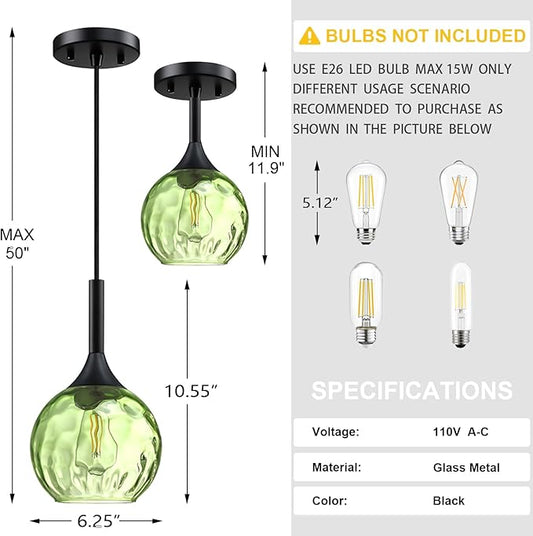 6.3" Dark Green Hammer Glass 3 Pack Rod Pendant Ceiling Light Fixture Black Finish Modern Farmhouse Dinning Over Sink Adjustable Height Cord