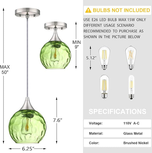 3 Pack 6.3" Hammer Green Glass Pendant Ceiling Light Fixtures Brushed Nickel Finish Modern Farmhouse Dinning Over Sink Adjustable Height Cord