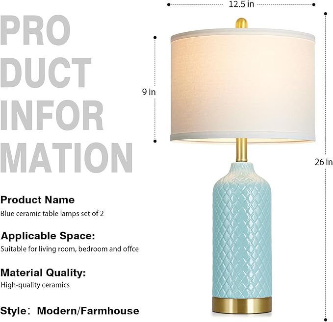 26“ Aqua Blue Ceramic Table Lamps Set of 2, Coastal Ceramic Lamps for Bedroom, Modern Bedside Lamp for Living Room, Elegant Farmhouse Nightstand Lamp for Desk Side End Table Home Decor