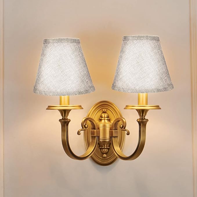 ALUCSET Double Mesh Small Lamp Shade Clip On Bulb Set of 2 for Candelabra Bulbs, Barrel Fabric Lampshade for Table Chandelier Wall Lamp 4x7x6 Inch, 2 PCS Pack (Grey)