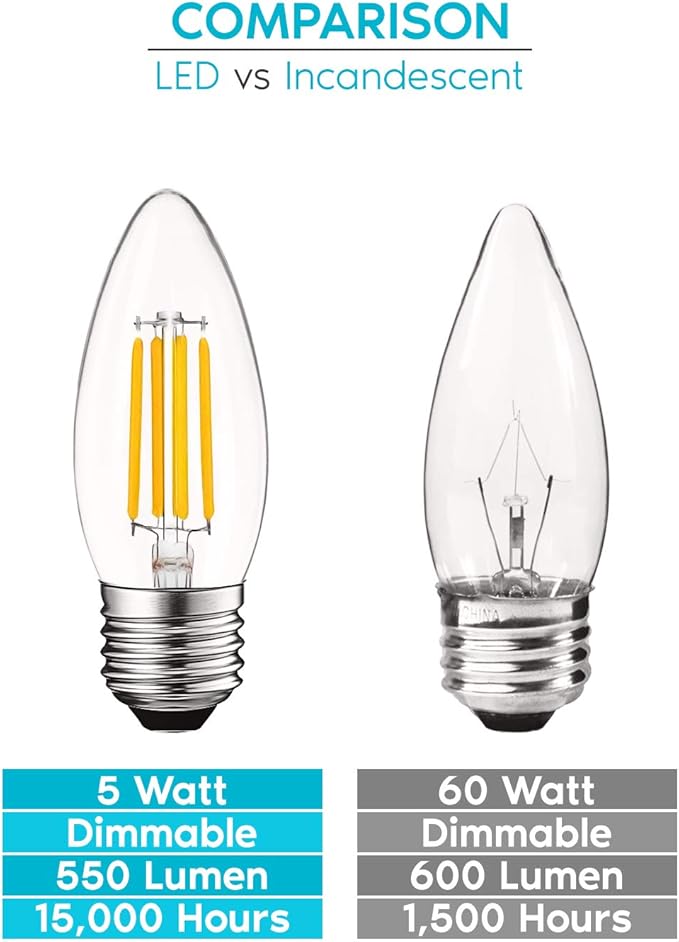 LUXRITE 5W Vintage E26 Candelabra LED Bulbs 60W Equivalent, 550 Lumens, 2700K Warm White Dimmable, Medium Base Candelabra Bulb, Torpedo Tip Clear Glass, Edison Filament Light Bulb, UL Listed (6 Pack)