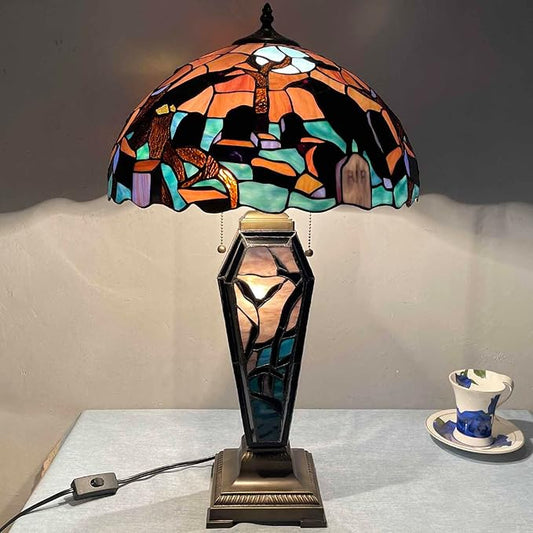 Bieye L10987 Ravens in Spooky Cemetery Tiffany-Style Stained Glass Table Lamp with Coffin Base Night Light - Gothic Graveyard Scene (Dark Orange, 16Wx26H inch)