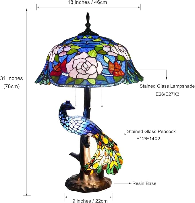 Large Tiffany Table Lamp 18" Wide Handmade Stained Glass Lamp Shade 3 Light Peacock Style Vintage Desk Light for Living Room Bedroom Bedside Reading Light,Blue Rose