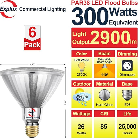Explux 300 Watt Equivalent PAR38 LED Flood Light Bulbs, Ultra Bright 2900 Lumens, Dimmable, Full-Glass Outdoor Waterproof & Anti-Ageing, 2700K Soft White Spotlight, 6-Pack