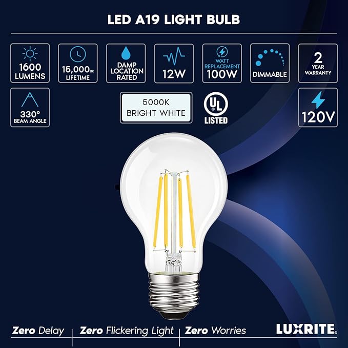 LUXRITE Vintage A19 LED Light Bulbs 100 Watt Equivalent, 1600 Lumens, 5000K Bright White, Dimmable Edison Light Bulbs, 12W, Damp Rated, UL Listed, Clear Glass Filament Bulb, E26 Medium Base (6 Pack)