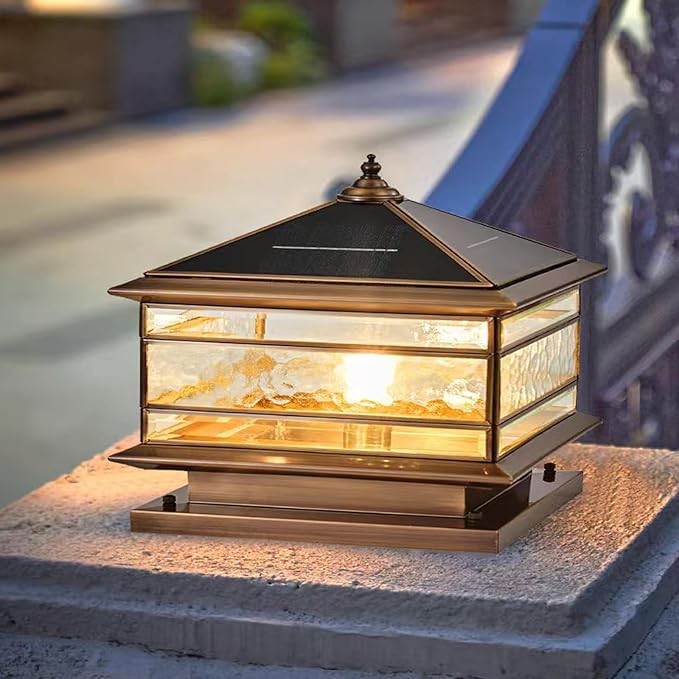 All Copper Steel Glass Outdoor Post Lights, Waterproof Pillar Light, Vintage Patio Lawn Column Lamp,Outdoor Column Lights,Deck Lights, Lantern Fence Lamp Fixture E26 Base (Solar, 12X12in)
