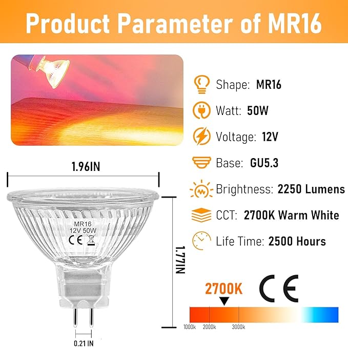 MR16 Halogen Bulbs 50W,6 Pack 12V 50W MR16 Light Halogen Bulbs 2 Pin GU5.3 Base Dimmable with Clear Glass Cover,High Output 2700K Warm White mr16 Light Bulb for Landscape Lights, Track Lights