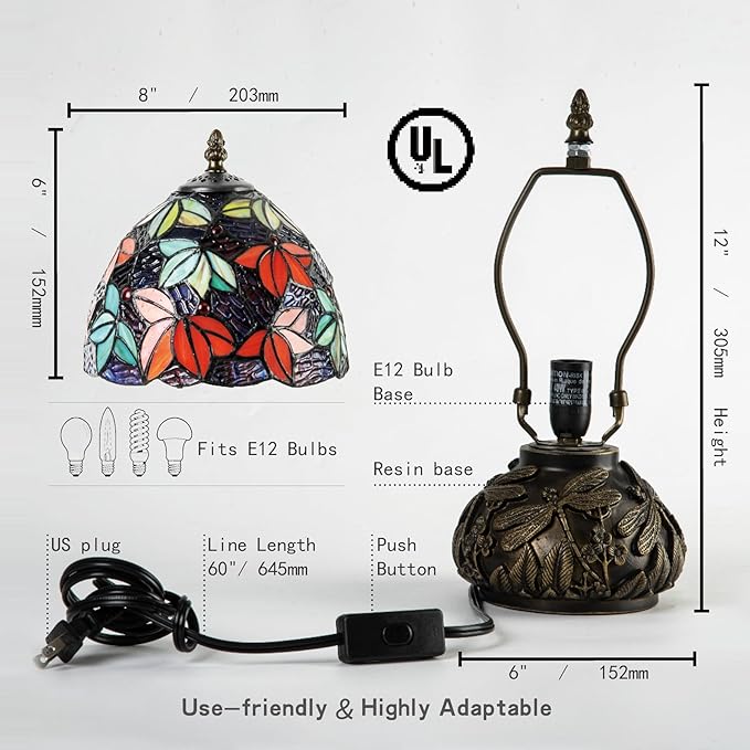 Tiffany Stained Glass Mushroom Table Lamp 8" Purple Blue Red Maple Leaf Floral Shade Nightstand Light for Bedroom Dorm Living Coffee Office Housewarming Gift (Purple Blue Maple Leaf)