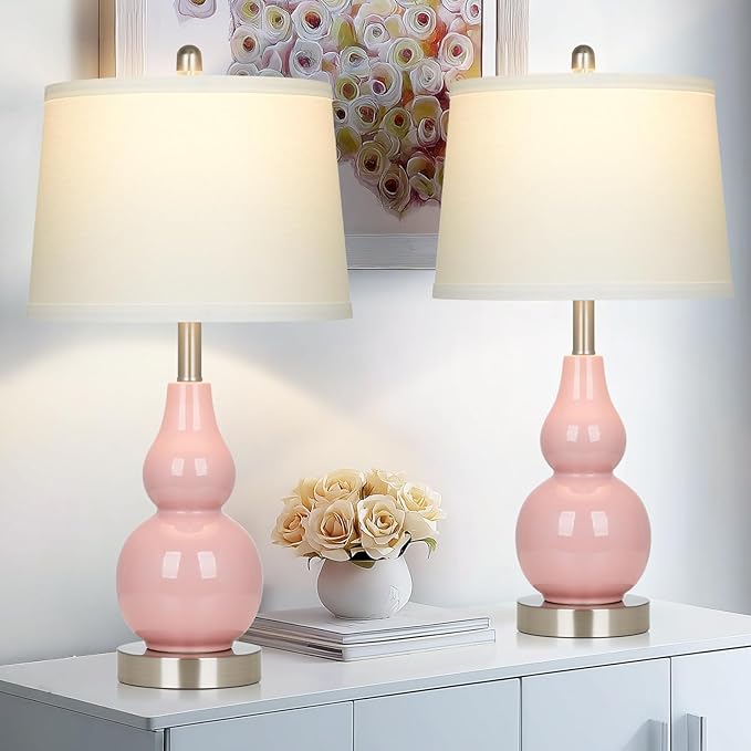 Pink Ceramic Lamps Set of 2, 25" Modern Double Gourd Ceramic Table Lamps for Living Room, Cute Bedside Nightstand Lamps with Fabric Shade for Bedroom End Table Home Office Girls Room(2 Bulbs Included)