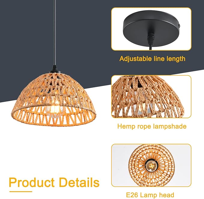 3 Pack Woven Pendant Light Fixtures,10.2" Brown Rattan Pendant Lights Farmhouse Basket Light Fixture Adjustable Boho Hanging Lamp for Kitchen Island Bedroom Dining Room Foyer Hallway