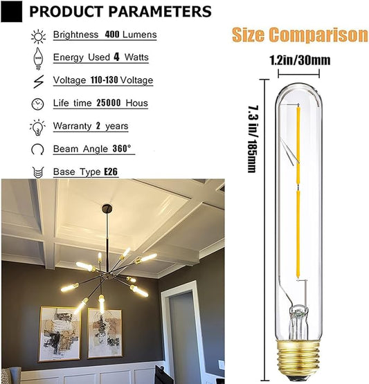 Leools Dimmable E26 LED Bulb 4W Equal 40 Watt Light Bulbs Soft White 30000K E26 Edison Bulb AC120V 400lm Tubular T9 T10 LED Bulb for Pendant,Wall sconces E26 Light Bulbs 4Pack