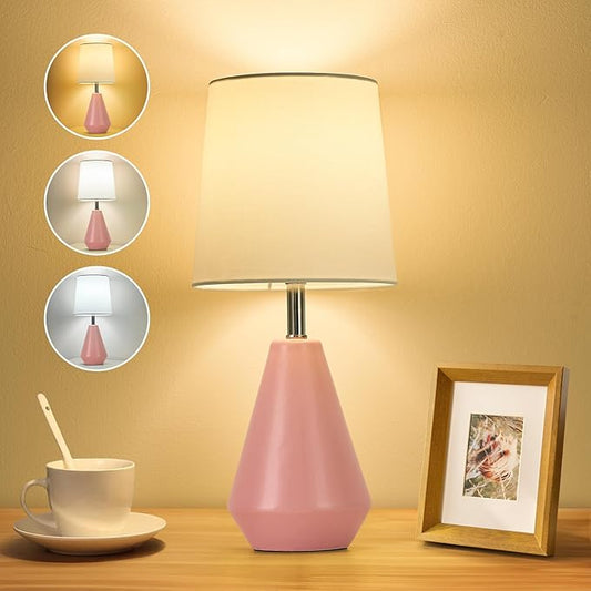 Small Bedside Table Lamp for Bedroom - Reading Desk Lamp with 3 Color Temperatures,15.5" Nightstand Ceramic Lamp with Fabric Shade for Kids Room,Living Room,Dorm,Home Office (Pink+White)