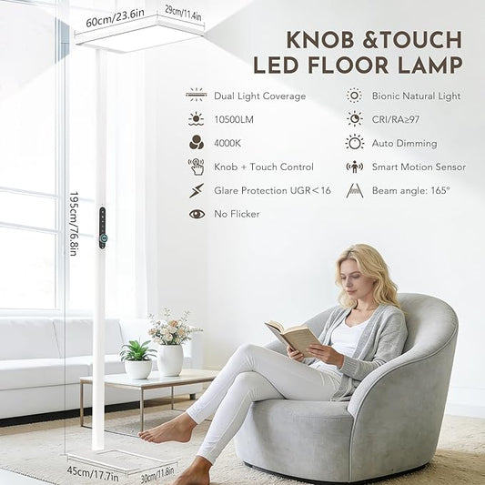 120W Led Floor Lamp, 10500LM Full Spectrum Eye Care Standing Lamp, 77" Motion Sensor Floor Lamps, Bright Reading Floor Lamp for Living Room, Study Room, Bedroom, Office, 4000K Natural Daylight
