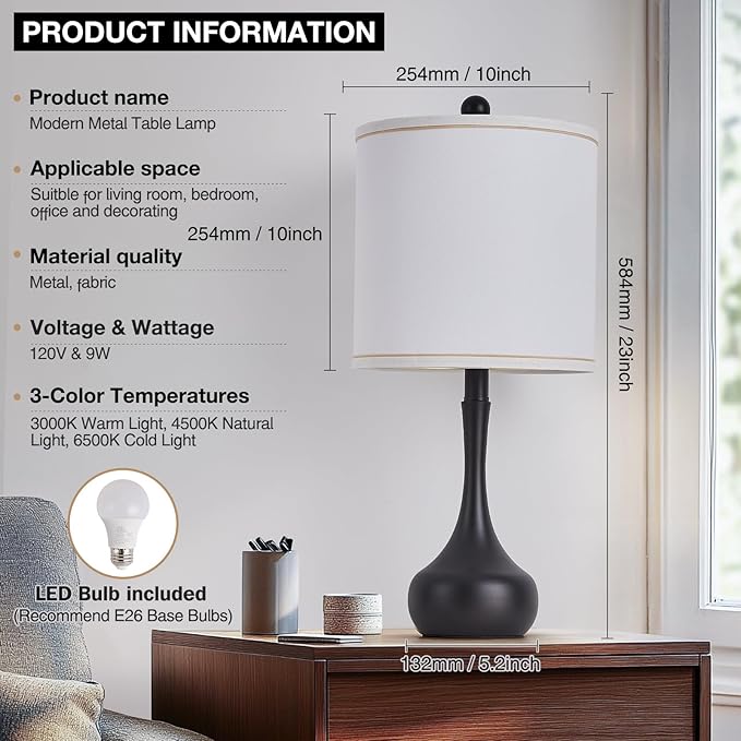23" Farmhouse Table Lamp Set of 2, Black Metal Modern Bedside Lamps for Living Room, 3 Color Temperature Rustic Table Lamps for Bedroom, Night Stands, Dorm,Office, Home Décor (Bulb Included)