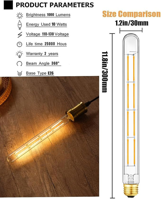 LED Tubular Light Bulbs,E26 Dimmable Long Led Bulbs,10W Equal 100 Watt, 2700K Warm White,11.8in Led Edison Tube Bulb,T10 Clear Glass Cover,6Pack.