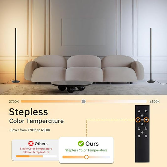 Marlrin Minimalist Corner Floor Lamp 2700K-6500K Dimmable with Remote Control 57.8" Height Metal Slim Ambient Standing LED Light Modern Design Decorative Lamp for Living Room Bedroom (Black)