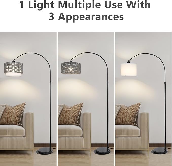 Boho Floor Lamps for Living Room, Arc Floor Lamp for bedroom with Remote and Dimmable Bulb, Over Couch Standing Lamp, Farmhouse Tall Lamp with 3 Color Temperatures, Height Adjustable Corner Floor Lamp