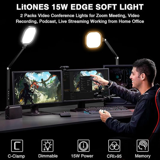 2 Packs Video Conference Light for Computer, 15W LitONES Desk Light for Zoom Calls Meeting with C-Clamp & Metal Swing Arm, Podcast Lighting Kit with Remote, Memory & Timing CRI>95