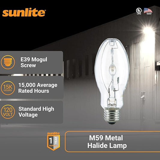 Sunlite MH400/U/MOG M59 Metal Halide Lamp, 400 Watts, Mogul Base (E39), ED37, 12,000 Hour Life Span, 36000 Lumen, Clear Finish, 4000K, 2 Pack