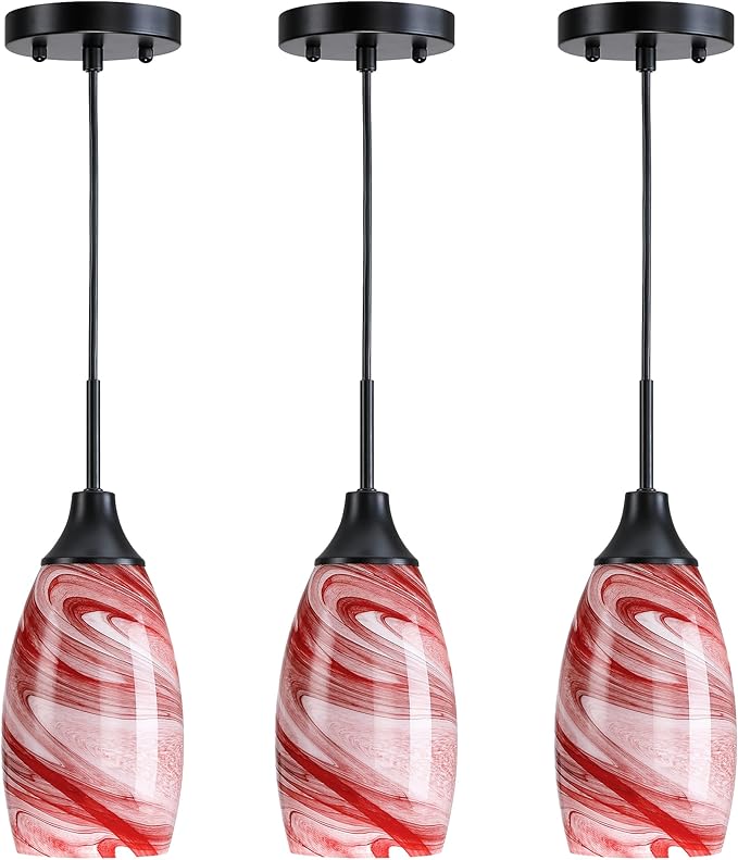 Mini Glass Pendant Light,3-Pack Handblown Burgundy Marble Art Glass Hanging Light 4.72" Oval Ceiling Hanging Light Fixture for Dining Room Kitchen Island Cafe Foyer Hallway