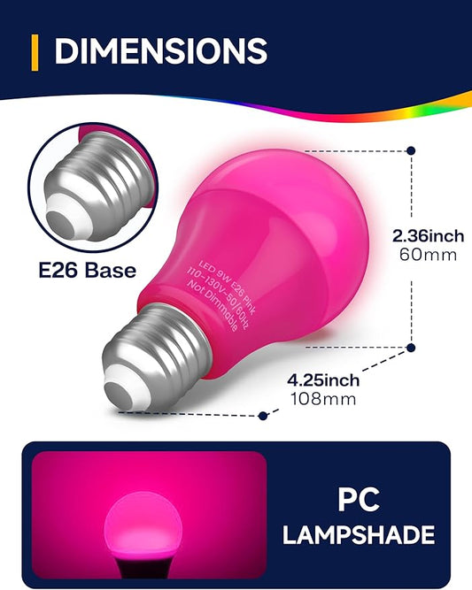 UNILAMP Pink Light Bulbs: A19 9W Colored Light Bulbs, 60 Watt Equivalent, Pink Light for Halloween Decoration, Christmas Decor, Holiday Party Lighting, Home Porch Lighting, 4 Pack
