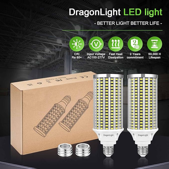 DragonLight 60W Super Bright LED Corn Light Bulbs (200 Watt Metal Halide/HID/HPS Replacement) - E26/E39 Base LED Lamp - 6000K Daylight 7,200 Lumens for Large Area Lighting, Pack of 2