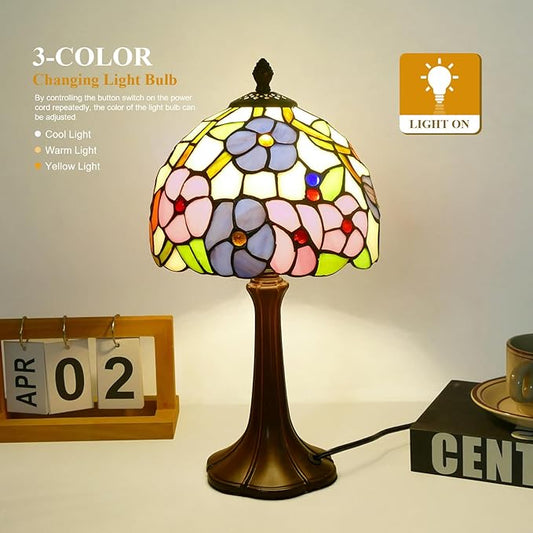 Tiffany Lamp Morning Glossy Stained Glass Table Lamp 8x8x15 Inches Flower Style Desk Reading Light Decor for Beside Bedroom Living Room Home Office