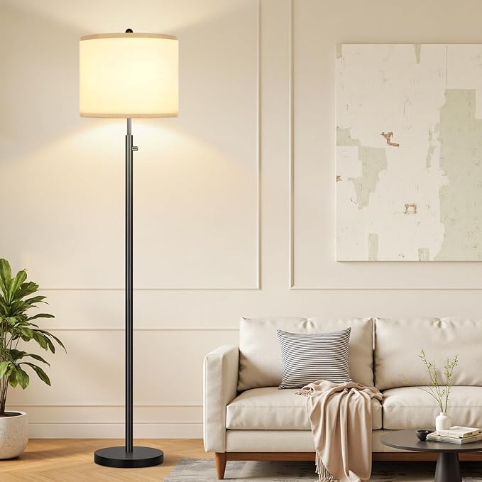 Nintiue 【Upgraded】 Dimmable Floor Lamp for Living Room, 11W LED Bulb Included, Modern Standing Lamp, Tall Pole Light with Linen Shade for Bedroom Reading Office Corner Nursery-Black