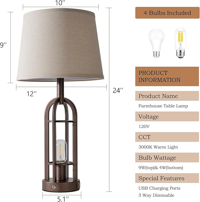 24" Table Lamps for Living Room Set of 2, Rustic Farmhouse 3-Way Dimmable Touch Industrial Bedside Lamps with USB A+C for Bedroom Nightstand,4 Bulbs Included