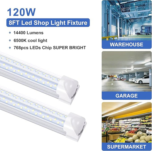 8 ft Led Shop Light Fixture 120W 14400 Lumens 6500K Cold White T8 V Shaped Integrated Led Tube Light 4 Rows Cooler Door Light, Warehouse Super Bright White Pack of 10