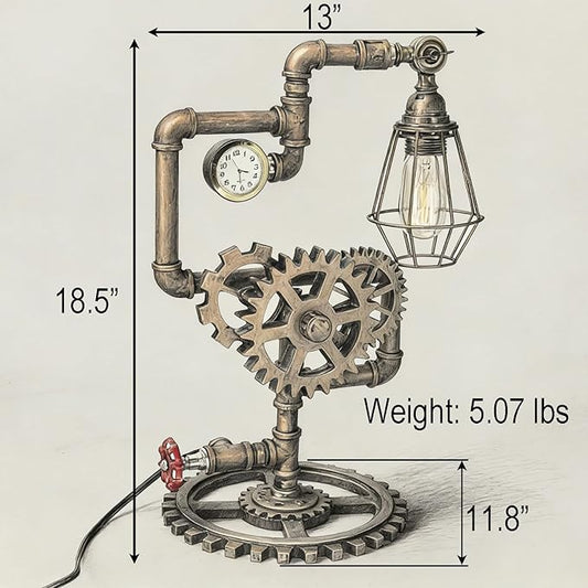 Eclectic Copper Steampunk Pipe Table Lamp with 360° Adjustable Light & Clock (Cage Shade) QTF-BT06