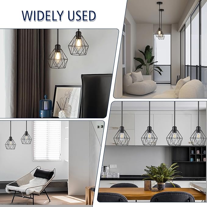 2 Pack Black Pendant Lights Kitchen Island, Modern Farmhouse Hanging Light Fixture with Metal Cage Shade, Industrial Pendant Light for Kitchen Dining Area Entryway, Adjustable Height
