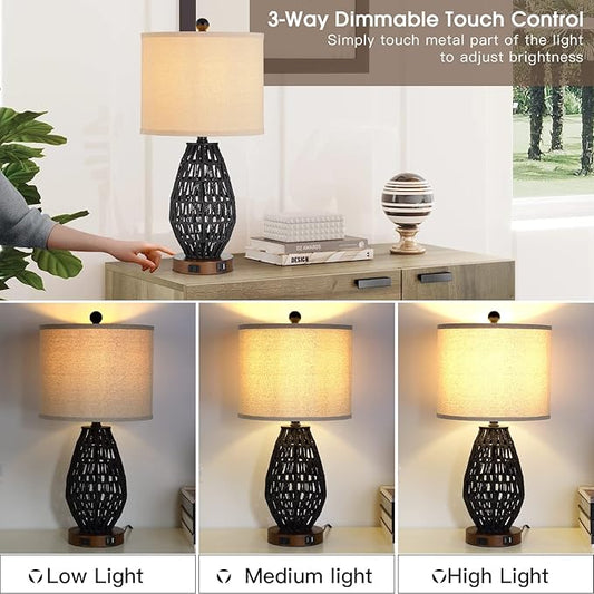 Touch Control Rattan Table Lamps, 3 Way Dimmable Bedside Lamps for Bedroom Set of 2 with 2 USB Ports and AC Outlet, Wicker Nightstand Lamps for Living Room (LED Bulbs Included), Black