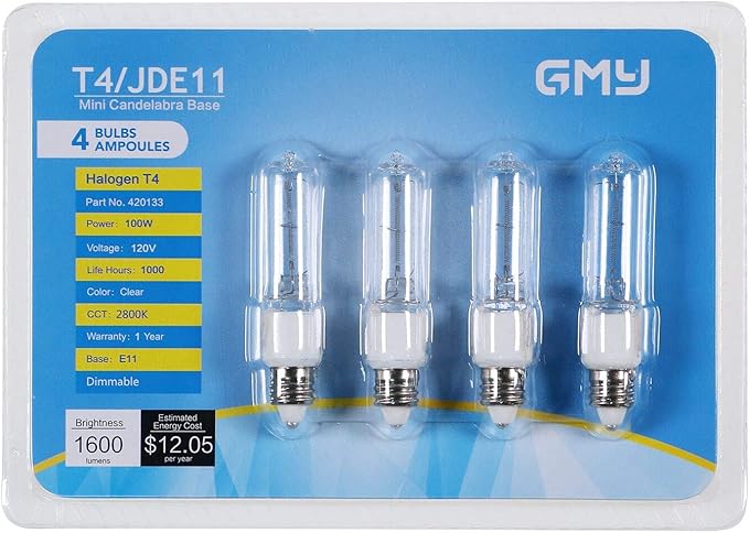 GMY JDE11 120V 100W T4 JDE11 Bulb, Mini Candelabra Base E11 Bulb, 1600lm 2800K Clear Dimmable 100 watt Halogen Light Bulbs for Ceiling fan light bulbs Replace E11 Led Bulb - 4Pack