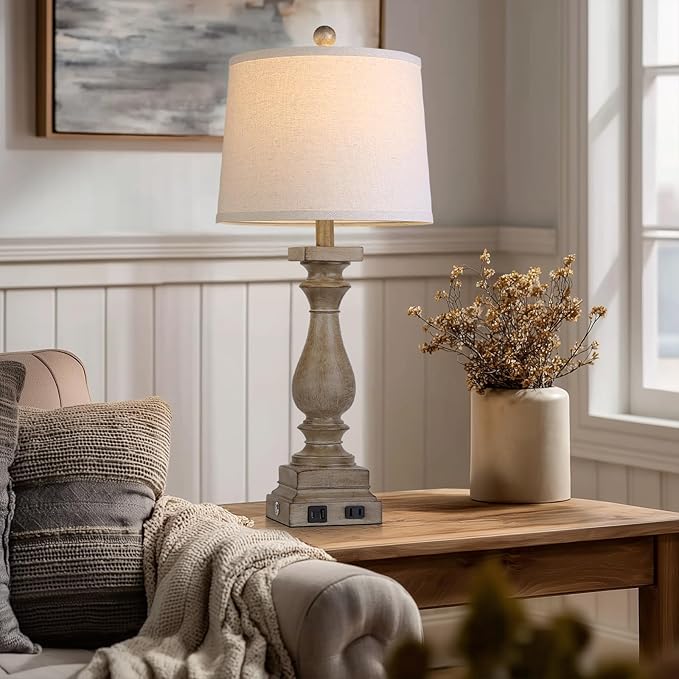 28" Tall Farmhouse Table Lamps Set of 2 with USB C+A Ports and AC Outlet, 3 Way Touch Control Rustic Bedside Lamp for Bedroom, Brown Vintage Nightstand Lamp for Living Room Office