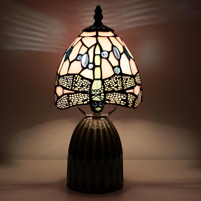 Stained Glass Mushroom Table Lamps 6X6X12.5 Inch Pink Dragonfly Style Small Night Light Ceramic Base Mini Accent Desk Light Suitable for Bedside Table Bedroom Children Room