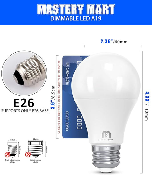 MASTERY MART 60 Pack A19 LED Light Bulbs 60W Equivalent, 9.5W Dimmable, Flicker-Free, 800 Lumens, 5000K Bright Daylight White, E26 Base, 10000 hours, Energy Saver Bright for Home, Bedroom, Living Room