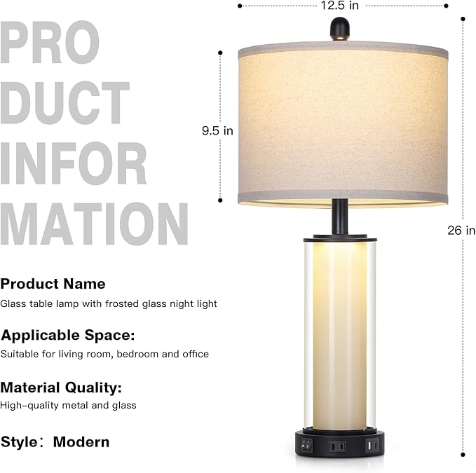 Black Glass Table Lamps Set of 2, 26" Living Room Lamp with Built-in Frosted Glass Night Light, Modern Bedroom Lamp with USB C+A Ports & AC Outlet, Bedside Lamps for Nightstand (4 Bulbs Included)