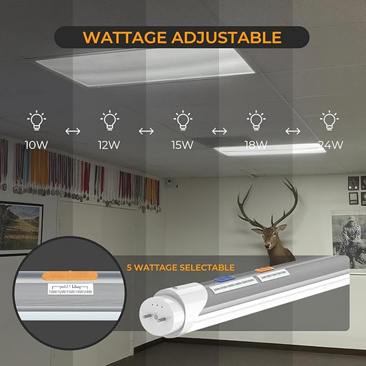 6PK T8 LED Bulbs 4 Foot, Frosted 10W-24W 5 Watt Selectable 6 CCT 3000K-6500K, Type A+B Plug & Play or Ballast Bypass 4ft Fluorescent Tube Light Bulbs Replacement, Single Double-Ended Input