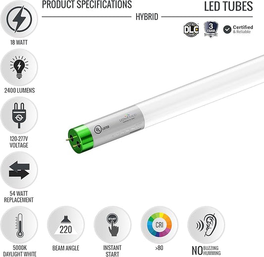 LEDMyplace 18W 4ft Hybrid LED Tube Light, Type A+B Works with or Without Ballast, 5000K, Daylight White, Clear Lens, Replacement of 50W for Supermarkets, Parking, Pack-30