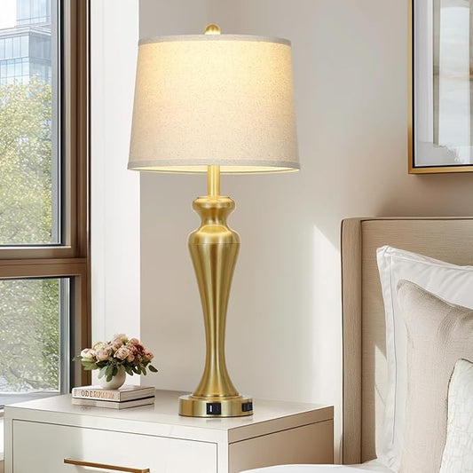 30" Gold Table Lamps Set of 2, 3-Way Dimmable Touch Lamps for Nightstand with USB A+C Ports and AC Outlet, Tall Bed Side Lamp for Living Room, Modern Brass Lamp for Bedroom Side End Table