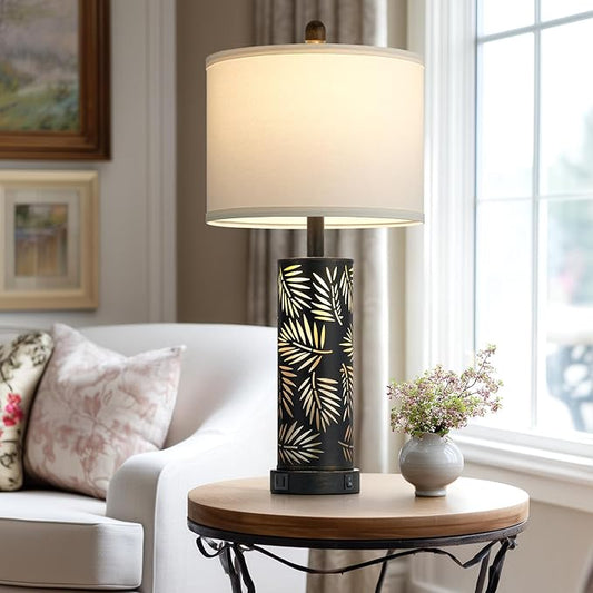 Set of 2 Rustic Table Lamps for Living Room Bedroom, Vintage Farmhouse Nightstand Lamp with 2 USB Ports, Hollow Out Black Metel Lamp for End Table with Nightlight (Retro Black)