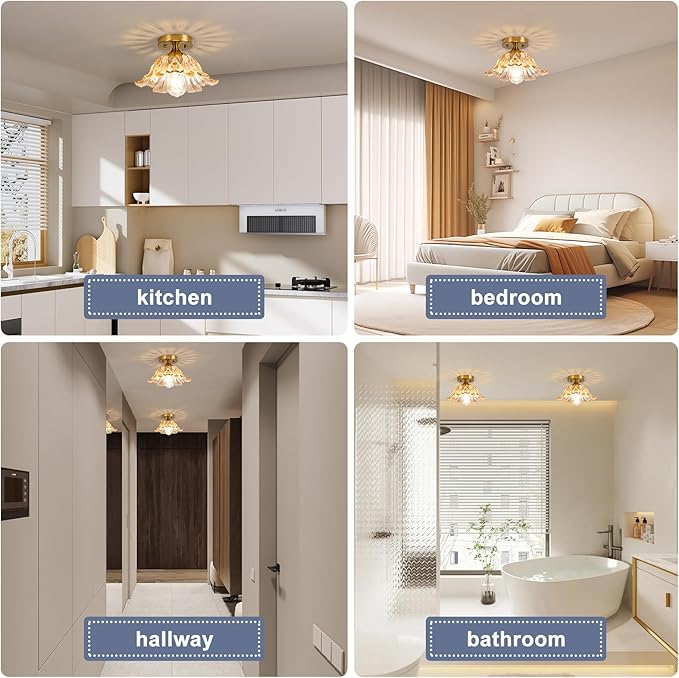 Semi Flush Mount Ceiling Light, Vintage Ceiling Light E26,Amber Shade Glass Hallway Light Fixture for Kitchen Porch Bedroom,Bulb Included 3000K