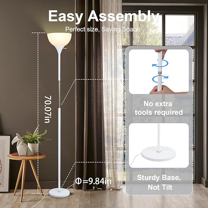 Floor Lamp, LED Standing Lamp 3 Way Dimmable Brightness Floor Lamp Rotary Switch Floor Lamps Modern Industrial Lamp with Shade, Tall Lamps for Living Room Bedroom Office Dining Room (White)