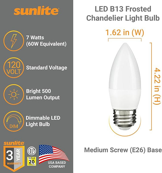 Sunlite LED B13 Torpedo Decorative Chandelier Light Bulb, 7 Watts (60W=), 500 Lumens, 120 Volts, Dimmable, E26 Base, 90 CRI, ETL Listed, Torpedo Frosted, Title-20, 5000K Daylight, 6 Pack