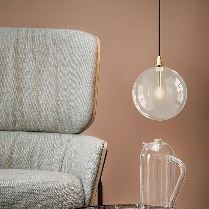 Minimalist Transparent Glass Ball Pendant Light in Gold Finish, Height Adjustable G4 LED Ceiling Haning Light for Dining Room & Living Room (15CM)