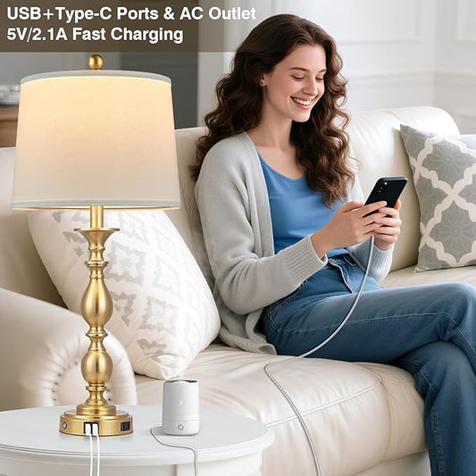 28" Tall Modern Table Lamps Set of 2 with USB A+C Ports and AC Outlet, 3 Way Touch Metal Bedside Lamps for Bedroom, Gold Farmhouse Nightstand Lamps for Living Room