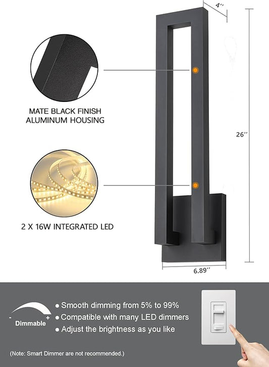 26 inch Outdoor Wall Sconce, Large Porch Led Wall Lights, Modern Black Exterior Light Fixture Wall Mount, Waterproof Patio Lighting for House, Garage